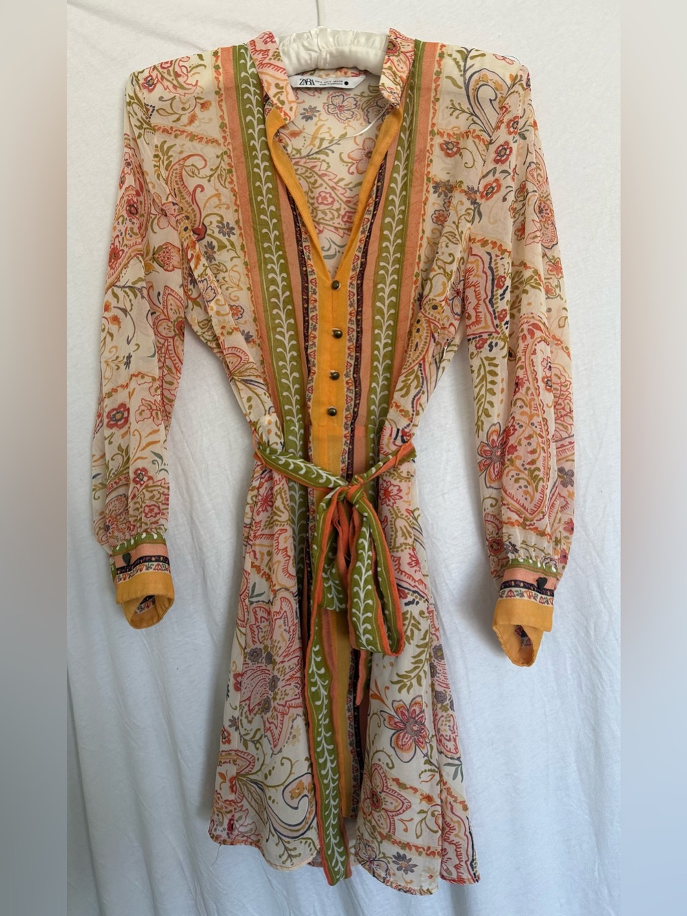 Zara Long-Sleeve Paisley Belted Shirt Dress in Cream, Mustard & Olive